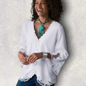 Soft Surroundings Half Moon Bay White Lace Button Up Blouse Top Lagenlook Boho
